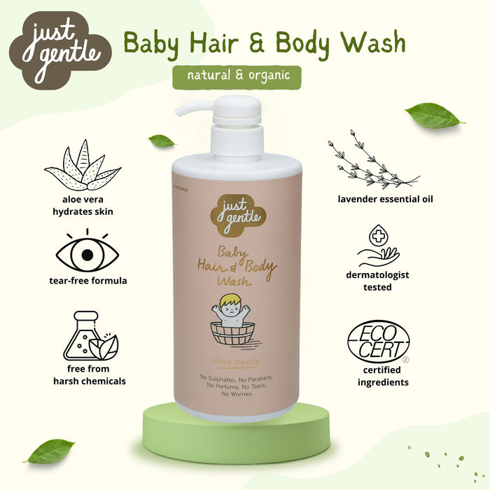 Nourish and protect your baby’s skin with Just Gentle Baby Hair & Body Wash 900ml - lavender essential oil for a soothing bath.