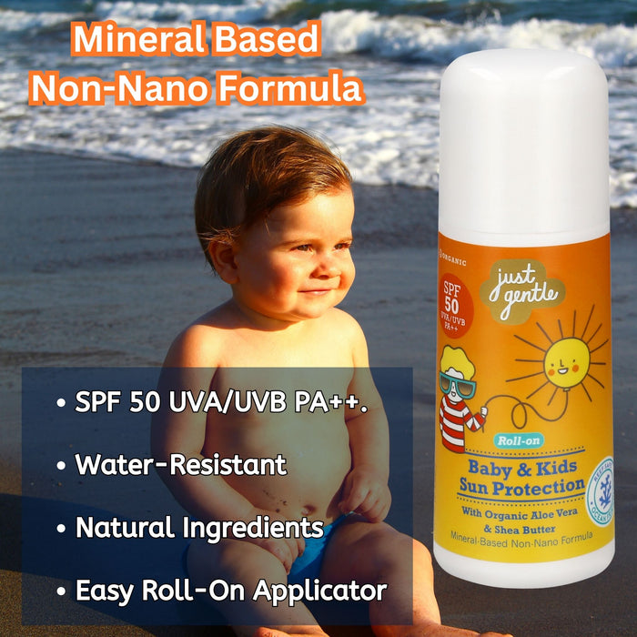 Just Gentle Baby & Kids Sun Protection with SPF 50 and UVA/UVB PA++ strength. Water resistant sunblock, non nano and mineral based formula. Easy Roll on applicator | Just Gentle Middle East