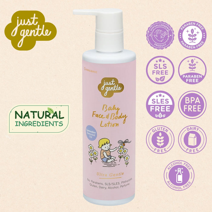 Just Gentle Baby Face and Body lotion comprises 97% natural ingredients and is free from Parabens, SLS, SLES, Gluten, dairy and alcohol. It is Hypoallergenic. 