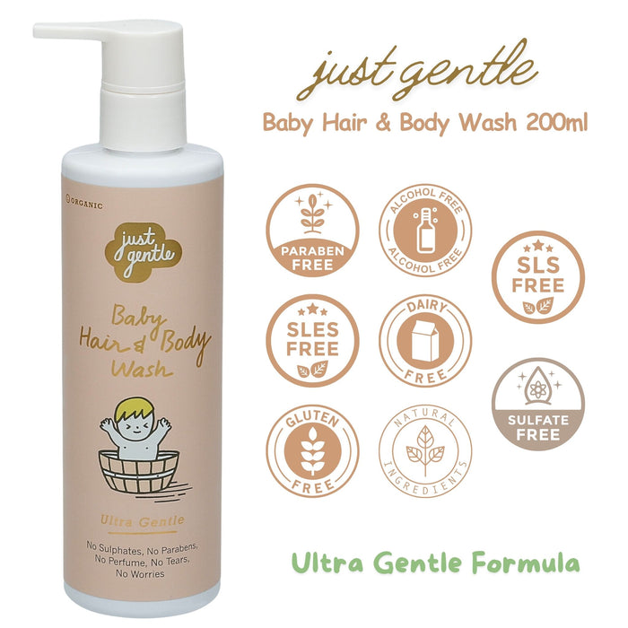 Ensure a safe and gentle bath for your baby with Just Gentle Baby Hair & Body Wash Ultra Gentle - free from perfume, alcohol, parabens, and sulphates. Just Gentle Organic.