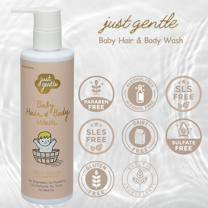 Keep your baby’s hair and skin soft and clean with Just Gentle Baby Hair & Body Wash Ultra Gentle - enriched with lavender essential oil.