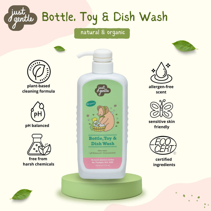 Just Gentle Baby Bottle Wash. It is plant-based, pH balanced and hypoallergenic. Cleans milk residue effectively.  It is natural & organic.