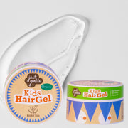 Two containers of 'just gentle' Kids Hair Gel on a light gray background