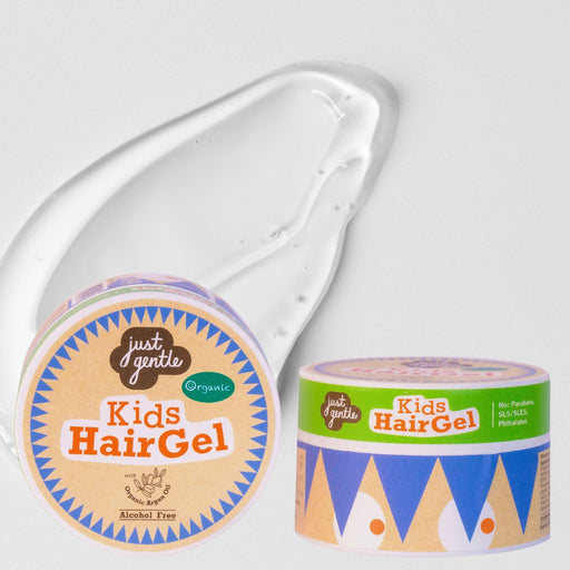 Two containers of 'just gentle' Kids Hair Gel on a light gray background