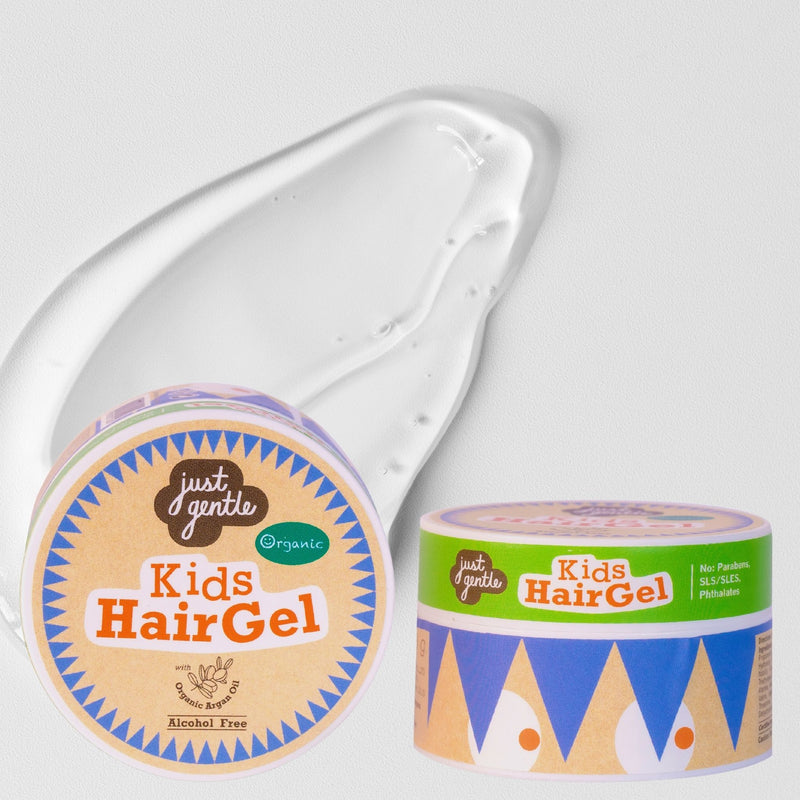 Two containers of 'just gentle' Kids Hair Gel on a light gray background