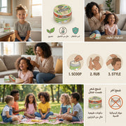 Collage of images showing 'Just Gentle' Kids Hair Wax used with children and family, including a product container and usage instructions.