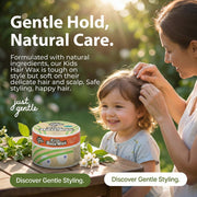 Woman styling a child's hair with 'Just Gentle' Kids Hair Wax, surrounded by nature.