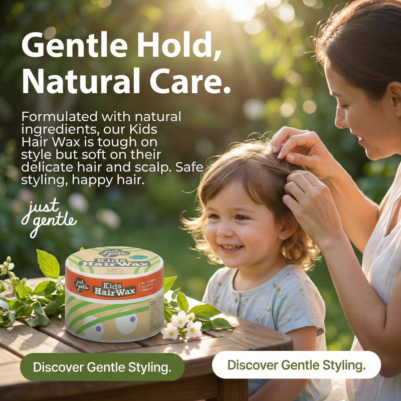 Woman styling a child's hair with 'Just Gentle' Kids Hair Wax, surrounded by nature.