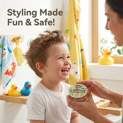 Child laughing with a container of 'Just Gentle' organic Kids' hair wax, with text 'Styling Made Fun & Safe!' in a bathroom setting.