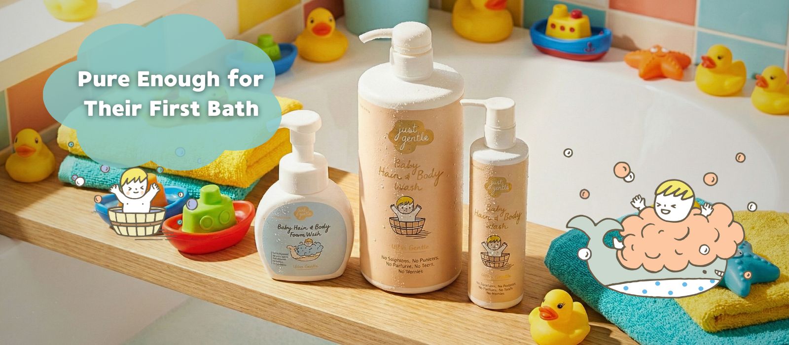 Just Gentle Baby Bath care products on a shelf with bath toys in the background