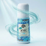 bottle of Just Gentle Cool Kids Deodorant displayed against a bright, light blue background. A dynamic, stylized 3D swirl of icy blue wind wraps around the bottle, visually representing the deodorant's refreshing and cooling sensation.