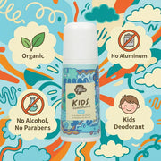A bottle of Just Gentle Kids Deodorant set against a vibrant, playful background of teal, orange, and yellow doodles. Four illustrated bubbles surround the bottle, highlighting that the product is organic, specially made for kids, and completely free of aluminum, alcohol, and parabens.