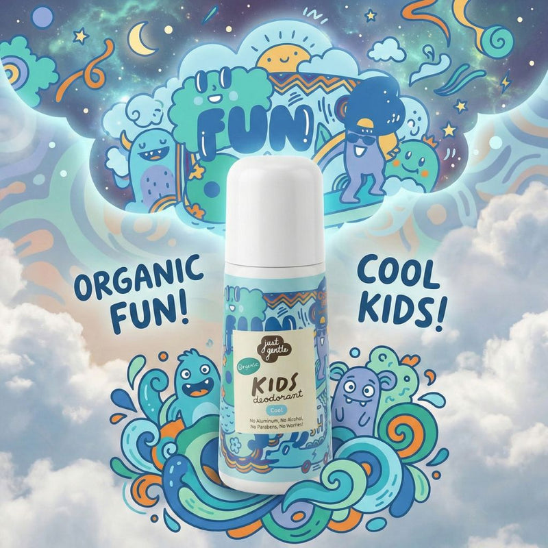 A playful advertisement for Just Gentle Kids Deodorant. The deodorant bottle sits in the center, surrounded by cute, cartoon monsters playing in blue waves. The background features a dreamy sky with clouds and stars, accompanied by the text "Organic Fun!" and "Cool Kids!".