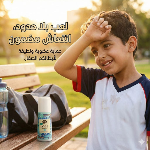 A smiling, active young boy outdoors in a park, wiping sweat from his forehead after playing sports. A bottle of Just Gentle Kids Deodorant rests on a wooden bench next to a gym bag. The image features Arabic text highlighting guaranteed freshness and gentle, organic protection for active kids.