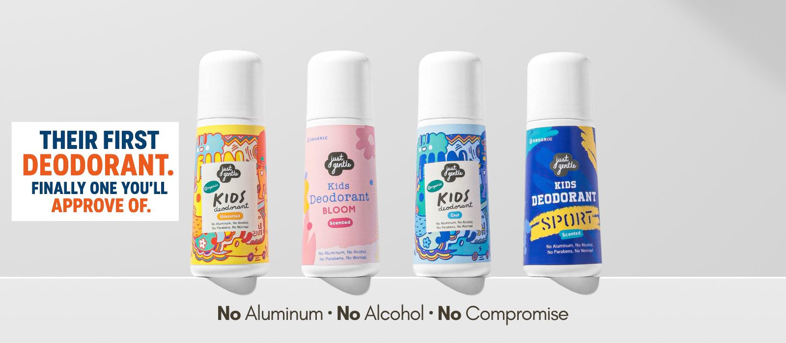 Just Gentle Kids Deodorant products on a table with promotional text about being approved of by children.