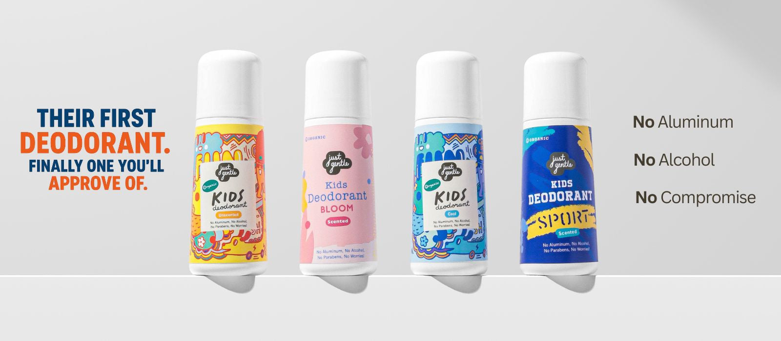 Just Gentle Kids Deodorant products on a table with promotional text about being approved of by children.