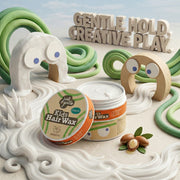 Two containers of 'Just Gentle' Kids Hair Wax on a sandy background with decorative elements.