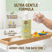 Just Gentle Children's hair and body wash bottle with bath toys and text highlighting product features.