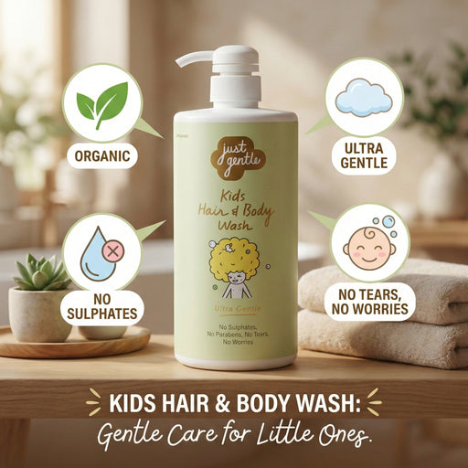 Just Gentle Kids hair and body wash bottle with organic, ultra gentle, no sulphates, no tears, no worries features on a wooden surface.