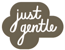 Logo with 'just gentle' text in a stylized font on a brown background