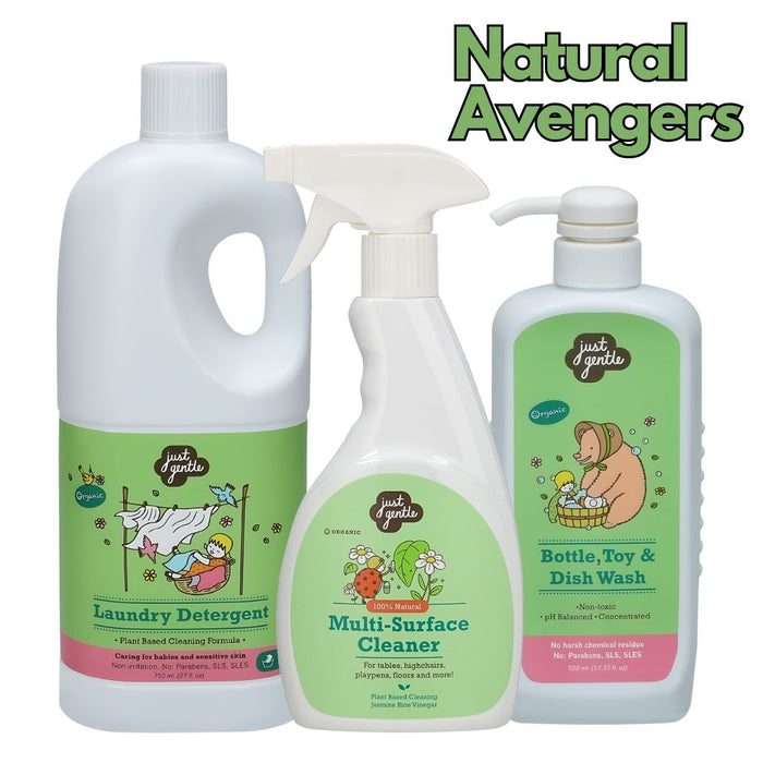 Just Gentle Natural Avengers Pack- consisting of Hypoallergenic plant based laundry detergent, bottle toy and dish wash as well as a rice jasmine vinegar multi surface cleaner.