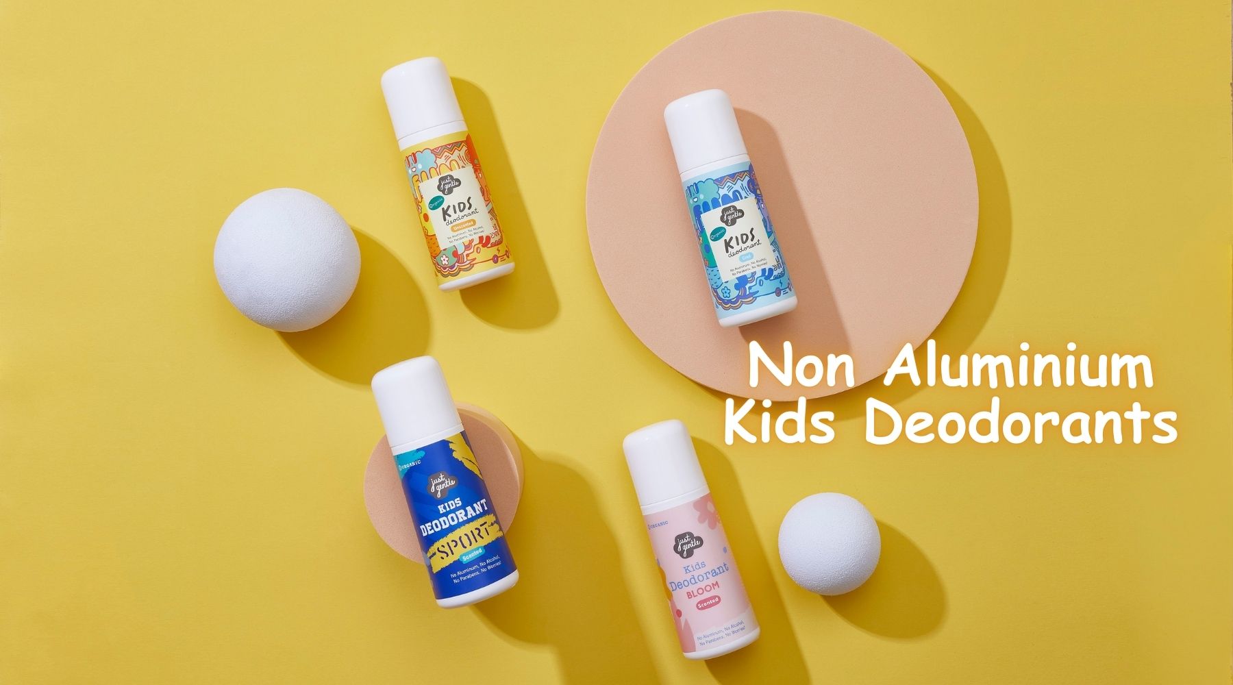 Just Gentle Natural Kids Deodorants. Free from aluminium and nasties. Range includes, unscented, cool, sport and bloom scents