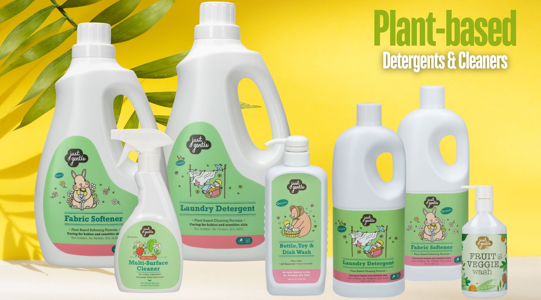 Just Gentle range of Plant-based Laundry detergents and surface disinfectant cleaners