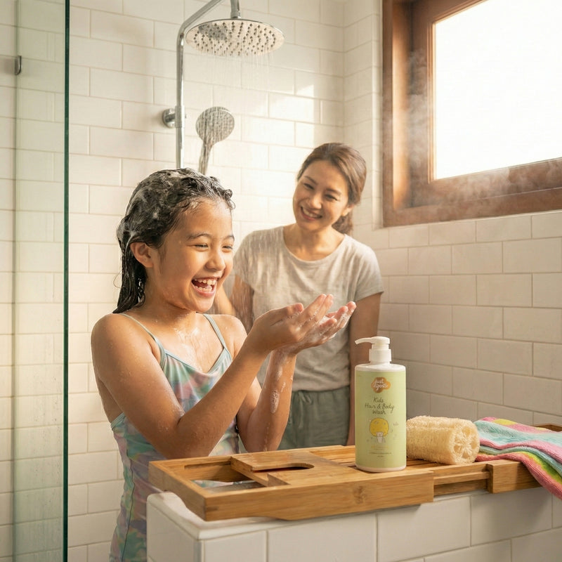 Woman and child in a bathroom with a bottle of 'Just Gentle' Kids shampoo on a tray.