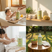 Collage of a child in a bath, Just Gentle bottles on a shelf, and bottles outdoors with plants.