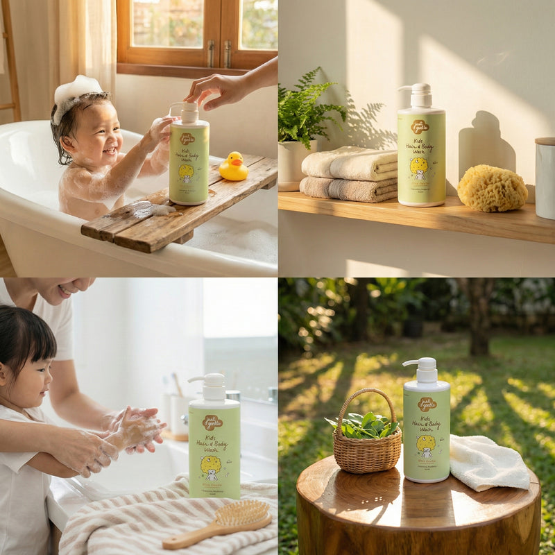 Collage of a child in a bath, Just Gentle bottles on a shelf, and bottles outdoors with plants.