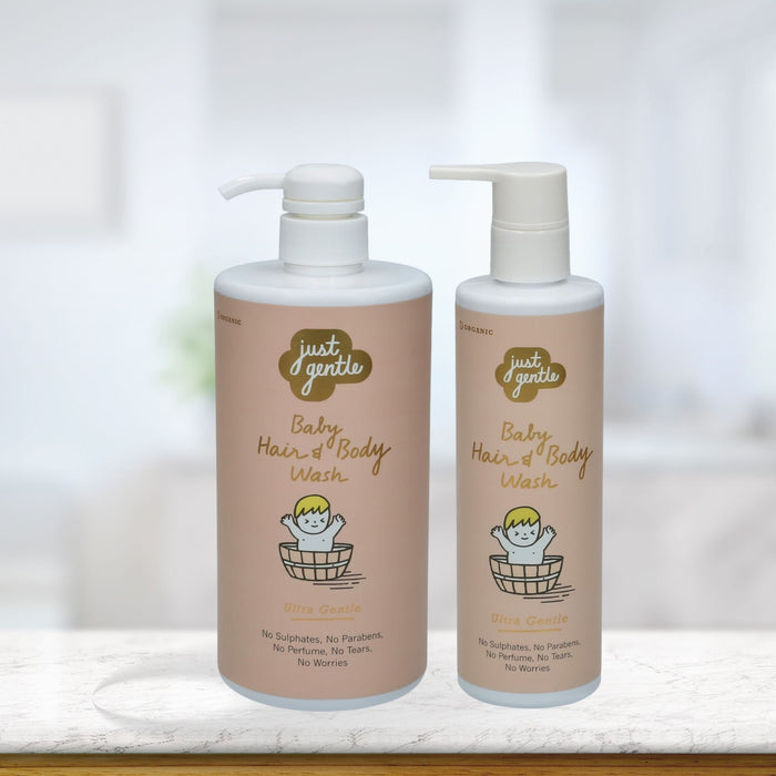 Just Gentle Baby Hair & Body Wash 900ml and 200ml - gentle on skin, tough on dirt and impurities.