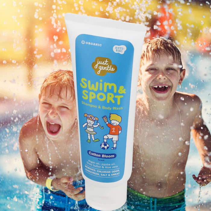 Just Gentle Swim & Sport Shampoo and Body Wash - Cotton Bloom, Washes Away Chlorine, Salt, Sweat & Odor, Enriched with Argan Oil, Jojoba Oil, Shea Butter & Aloe Vera, 180ml