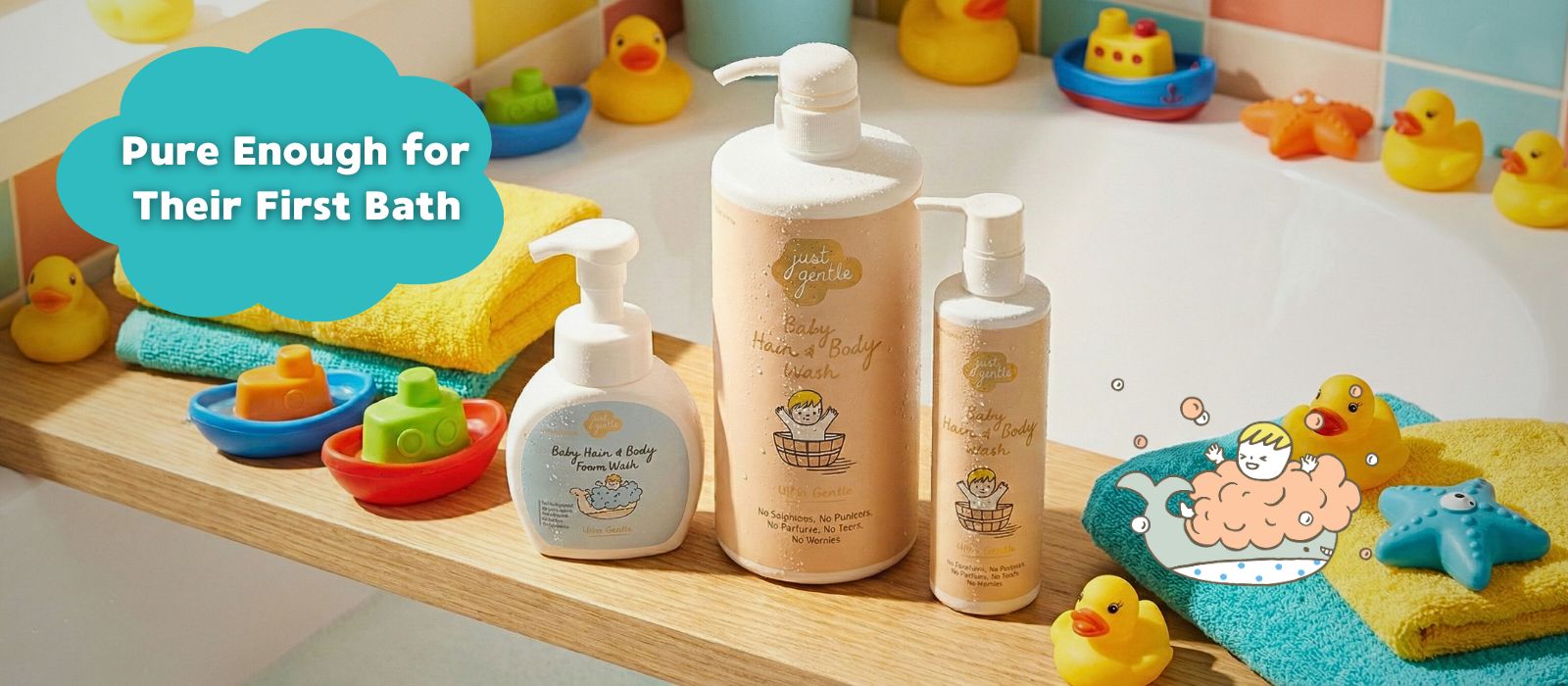 Just Gentle Baby skincare products on a wooden tray with greenery, labeled 'Pure Enough for Their First Bath'.