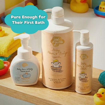 Just Gentle Baby bath products on a shelf with toys in the background- Mobile View