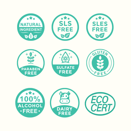 Collection of green product ingredient certification badges on a white background - Just Gentle Store