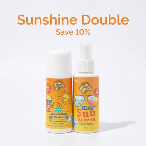 Two bottles of 'Just & Gentle' kids sunscreen on a white background with promotional text.