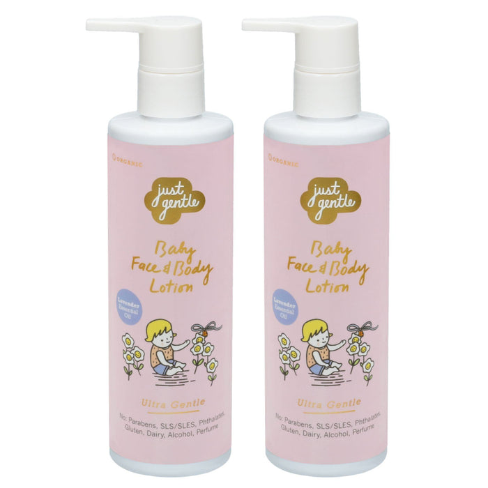 Two bottles of Just Gentle Baby Face & Body Lotion: Premium Organic Skincare for Babies