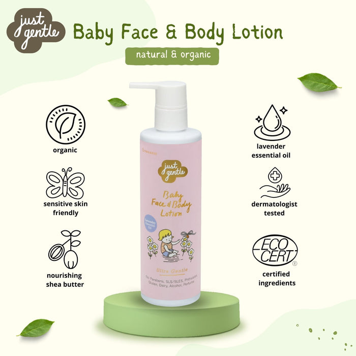 Just Gentle Baby Face & Body Lotion - Natural and Hypoallergenic with Essential Lavender - 200ml - Just Gentle
