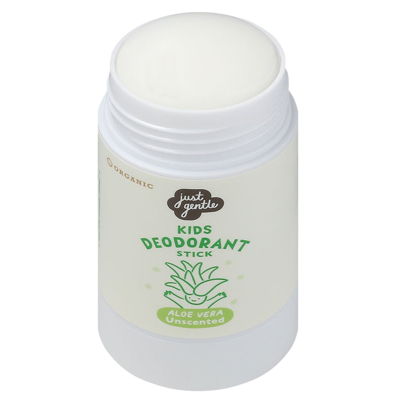 Solid twist-up texture of Just Gentle organic kids deodorant stick aloe vera unscented