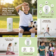 Active kids using Just Gentle aluminum-free unscented deodorant with bilingual feature guide