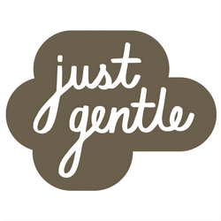 Logo with 'just gentle' text on a brown background