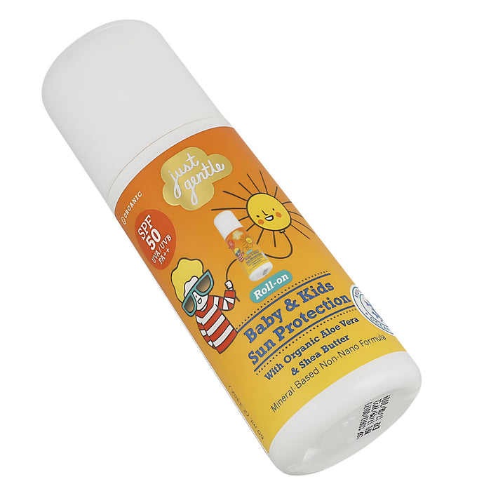 Flat View: Just Gentle High UVA and UVB Ray Protection Roll-On Sunblock for Kids - Top view of the 60ml roll-on bottle, emphasizing the roll-on applicator for easy and mess-free application. Suitable for children aged 6 months and above.