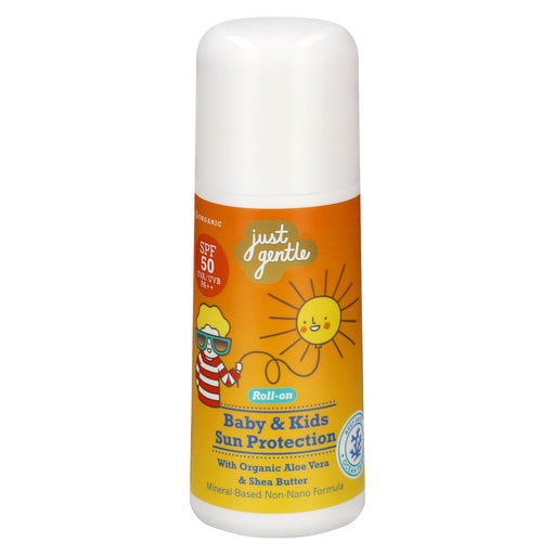 Front View: Just Gentle High UVA and UVB Ray Protection Roll-On Sunblock for Kids - Front view of the 60ml roll-on bottle, showcasing the label with organic ingredients like Shea butter and aloe vera. Safe, effective, and water-resistant for 40 minutes.