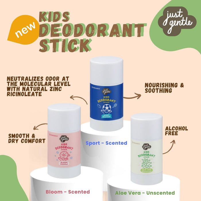 Just Gentle Organic Deodorant Stick - for Kids and Teens - Aloe Vera Unscented - Aluminium - Free, Natural Odor Protection, Gentle on Sensitive Skin, 55g - Just Gentle