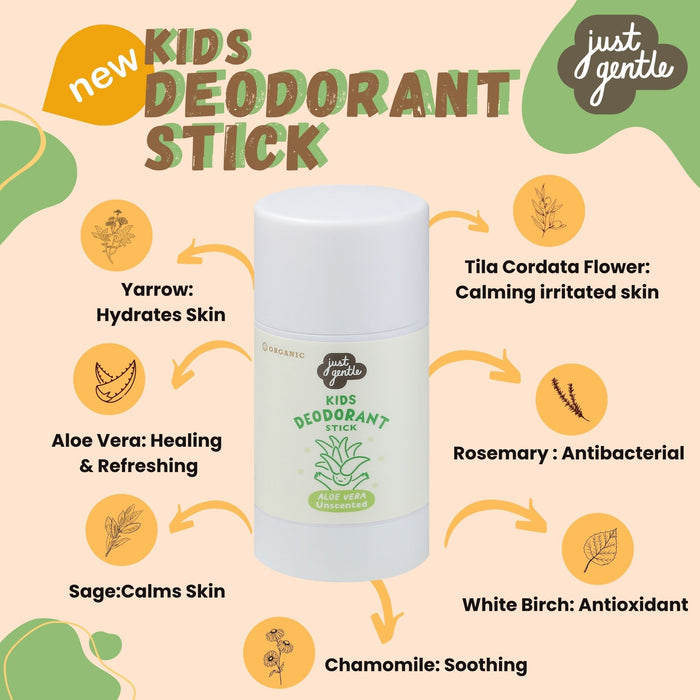 Just Gentle Organic Deodorant Stick - for Kids and Teens - Aloe Vera Unscented - Aluminium - Free, Natural Odor Protection, Gentle on Sensitive Skin, 55g - Just Gentle