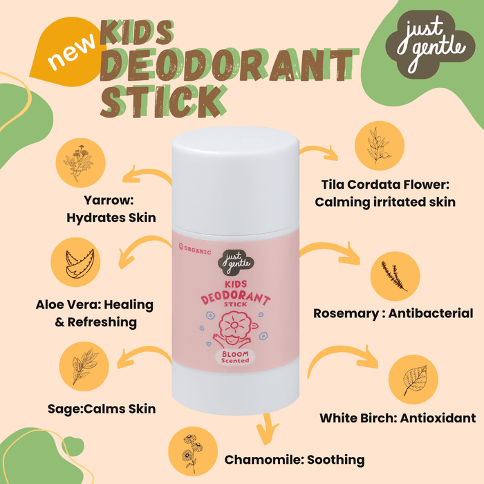 Just Gentle Organic Deodorant Stick - for Kids and Teens - Bloom Scented - Natural, Safe, Aluminium - Free, Gentle on Sensitive skin, Provides all day protection, 55g - Just Gentle