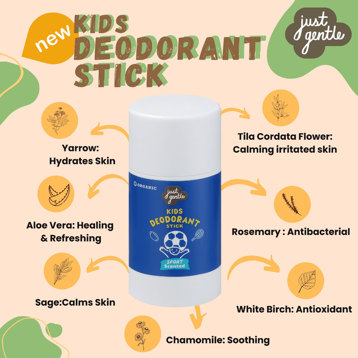 Just Gentle Organic Deodorant Stick - for Kids and Teens - Sport scented - Natural, Safe, and Effective Odor Protection, Aluminum - Free, Gentle on Sensitive Skin, 55g - Just Gentle