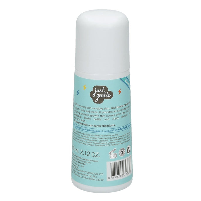 "Back view of Just Gentle Kids Deodorant with product info and ingredients on blue label."
