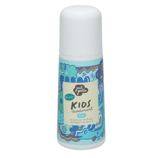 "Front side of Just Gentle Kids Deodorant showing cartoon graphics and cooling scent label."