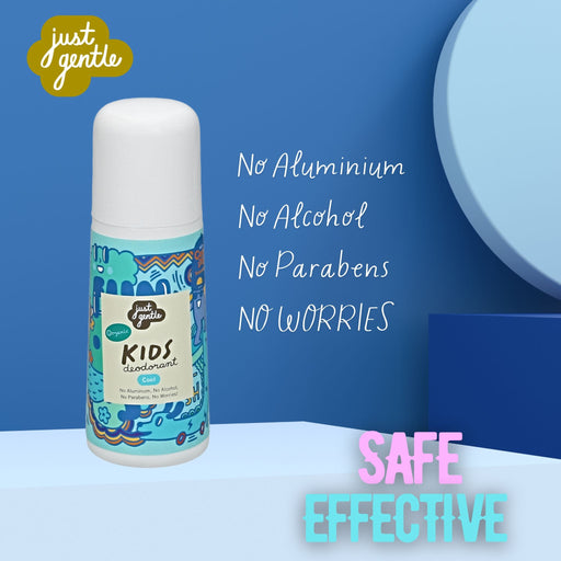 "Deodorant bottle on turquoise background with Just Gentle logo and clean, simple branding."